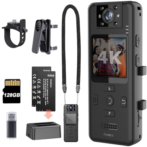 TOSBARRFT 128GB 4K Bodycam mit 180°Drehlinse, Sportkamera mit 6 Stunden Akku, Ersatzbatterie，Ladeschale，Nachtvision, tragbare Kamera für, Büro, Sicherheitsarbeit Polizeistrafverfolgung (H86-4K-128G)