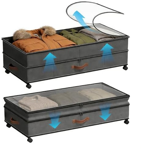 Almacenamiento debajo de la cama con ruedas, paquete 2 cajas 75L con tapa | Cajas grandes ajustables de 19 a 27 cm de alto para ropa, zapatos, mantas y juguetes