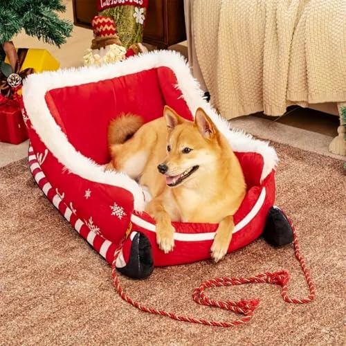 Hixingo Weihnachten Hundebett Grosse Kleine Hunde rutschfest MittelgroBe Katzenbett, Weihnachtsschlitten Hundekissen Flauschige Hundematte Weiche Polsterung, für Balkon Wohnzimmer Reisen (Rot,S)