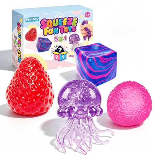 5er Squishy Set mit Geschenkbox, Squishy Toys Set mit Jellyfish, Würfel, Erdbeere Anderen lustigen Formen, Slow Rising Squishy, Fidget Spielzeug Anti Stress Quetschspielzeug für Kinder