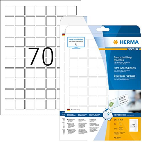 HERMA 8339 Wetterfeste Folienetiketten, 25 Blatt, 24 x 24 mm, 70 pro A4 Bogen, 1750 Stück, selbstklebend, bedruckbar, matt, blanko Klebeetiketten Aufkleber aus Folie, weiß