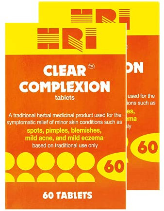 HRI Clear Complexion Tablets. Natural Active Herbs to Relieve Mild Skin Conditions - Mild Acne, Spots, Pimples, Blemishes. 2 Packs - 120 Tablets