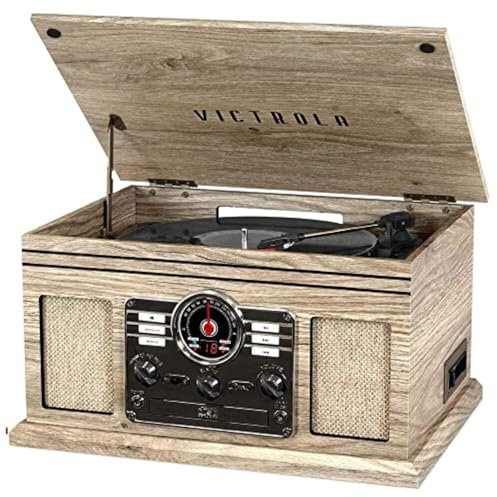 Victrola Nostalgic - Reproductor de Discos Bluetooth 6 en 1 y Centro Multimedia con Altavoces Integrados, Tocadiscos de 3 velocidades, Reproductor de CD y Casete, Radio Am/FM, transmisión de música