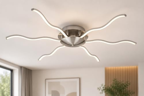 Trango 3133 Design LED-Deckenleuchte Serie *WAVE* 6 Flammen dimmbar, modern & chic in Wellenform Deckenstrahler inkl. 6x 5 Watt LED Modul 3000K warmweiß in Nickel matt Wohnzimmer Lampe, Bürolampe