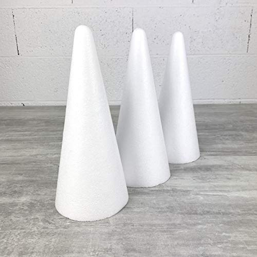 Lot de 3 cônes en polystyrène plein de 28 cm de haut, diamètre de base 12 cm, densité supérieure