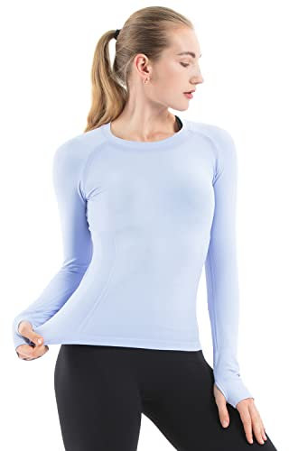 MathCat Women's Long Sleeve Running Yoga Tops with Thumbholes, Workout Gym Tops Shirts for Women, Seamless Base Layer Thermal Tops for Sports Fitness(WA.S)