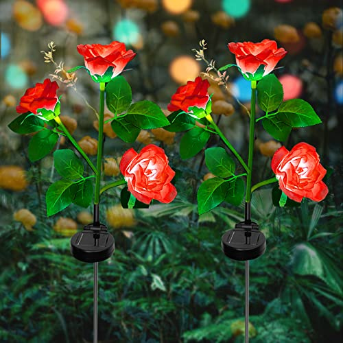 ZVO Solarlampen für Außen Garten, 2 Stück Solarleuchten Garten Deko mit 6 LED Rose Blume Lichter, Solar Wegeleuchten Außen Gartenleuchte Lampen für Outdoor Rasen Feld Weg Terrasse(Rot)