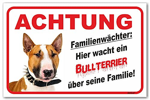 AdriLeo Schild - Vorsicht Bullterrier - Familienwächter - (40x60cm) / Hellbraun/weiß - Achtung Hund Wachhund robust langlebig UV-beständig wetterfestes Warnschild