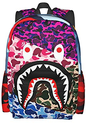 Vkaxopt Rucksack mit Haifischzähnen, Camouflage, Reise-Laptop-Tagesrucksack, große Kapazität, Büchertasche, modisch, langlebig, für Damen und Herren, Mehrfarbiger Hai, Tagesrucksäcke