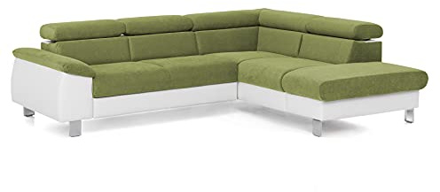 Mivano Ecksofa Micky mit Ottomane / Eckcouch mit Bettfunktion, kleinem Bettkasten und Kopfteilverstellung / 249 x 72 x 207 / Mikrofaser/Kunstleder, Grün/Weiß