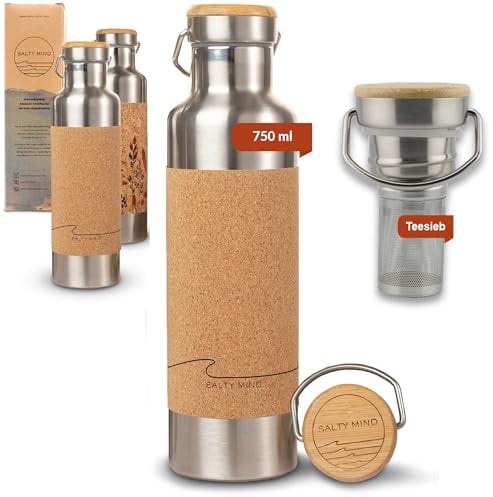 Salty Mind Edelstahl Trinkflasche 750ml + Teesieb - Nachhaltige, isolierte Thermo Wasserflasche Edelstahl auslaufsicher - Iso Flasche, BPA frei - Thermotrinkflasche (Welle-Gravur)