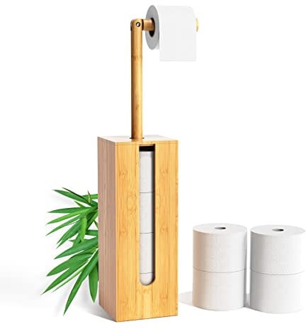 Rainsworth Toilettenpapierhalter Stehend Bambus mit Aufbewahrung für 4 Rollen, 2-in-1 Holz Klopapierhalter stehend mit Deckel und Ablage, umweltfreundliche WC Papier Halterung