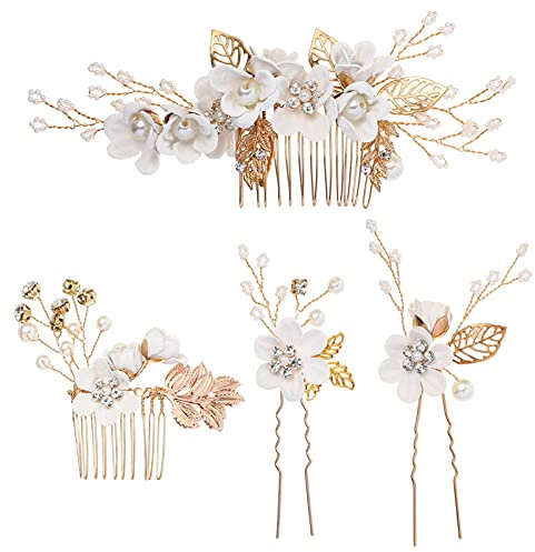 STOBOK Bride Wedding Hair Pins: 4pcs Bridal Hair Accessories Set Hair Side Clips Combs U shaped Wedding Hair Accessories Rhinestone Pearls for Women Girls Bridesmaid