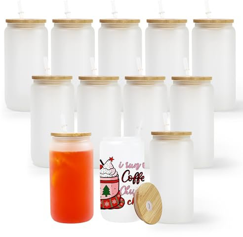 AGH Vasos y vasos de vidrio esmerilado de sublimación, vasos de cerveza con forma de lata de 16 onzas con tapas de bambú y pajitas para café helado, leche, jugo