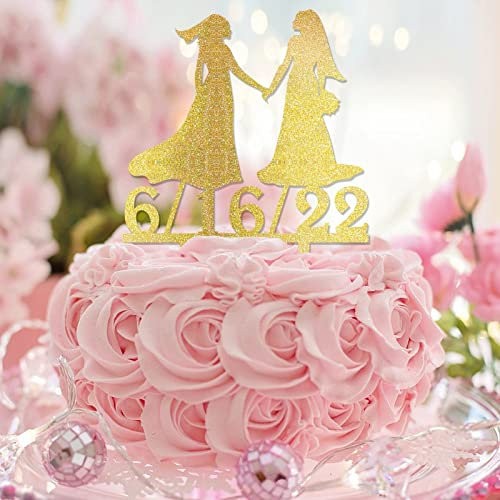 Mrs & Mrs Cake Topper Custom Name Date Rustic Bride And Bride Wedding Cake Toppers Silhouette Two Women Wedding Cake Decorations Lesbian Couple Gifts Glitter Gold