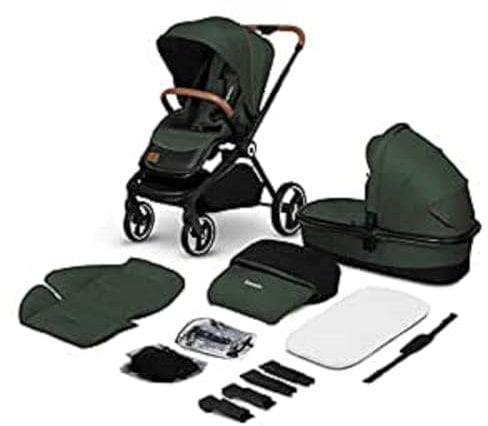 LIONELO Mika 2in1 Kombikinderwagen. Babywanne, Kinderwagen, Buggy. Regenschutz, Schultergurt zum Transport, Matratze, Moskitonetz, Fußabdeckung, wasserdichtes Material, Gummiräder (GREEN FOREST)