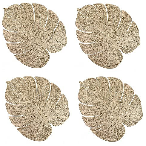 Peakpet 4 Stück Palmenblätter Platzsets,Hitzebeständige Platzdeckchen 39x31cm PVC Pflanzenblätter Platzmatten Dekoration Tischsets für Küche Speisetisch Hochzeit Party (Gold)
