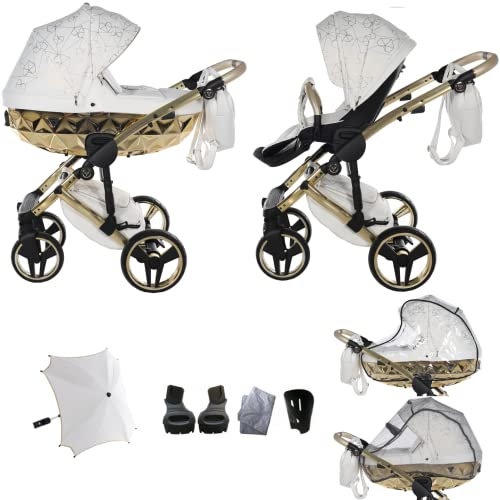 Junama Diamond Heart V3 2in1 3in1 4in1 Kinderwagen Kinderwagen Autositz ISOFIX + Regenschirm Exclusive Kinderwagen (2in1, Weiß-Gold 01)