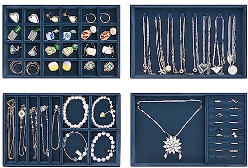 ProCase 4 Capas Combinadas Organizador de Joyas, Bandeja de Joyería para Guardar y Exponer Collares Pulseras Anillos Pendientes -Azul Oscuro