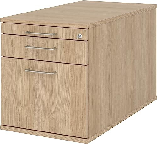 bümö Rollcontainer mit Hängeregister für Hängeordner, Container abschließbar in Eiche - Rollwagen mit Hängeregistratur als Schreibtisch Unterschrank od. Bürocontainer m. Bügelgriffe