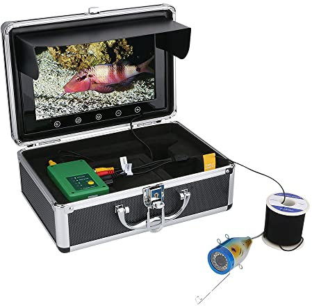 PODEC 10 Inch Fish Finder Kit, Portable Ice Fishing Camera with Removable Sun Visor,15 Adjustable LED Lights and 15m Cable, Waterproof Fishing Finder, for Ice Fishing Lake Open Water Boat