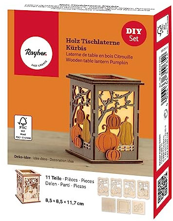 Rayher Holz Tischlaterne Kürbis, 8,5 x 8,5 x11,7 cm, Holzbausatz 11tlg, kleines Windlicht, für LED-Teelichter, Laterne, Holz FSC zertifiziert, 64031505, Natur