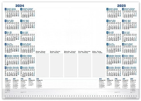 PRIMUS PRINT Schreibtischunterlage Jahreskalender, Papier DIN A2-2024 & 2025-80g Dickes Naturpapier - Stabiler Papprücken - 25 Blatt - mit Schutzleiste - Büro und Homeoffice [Kalender mit Fußleiste]