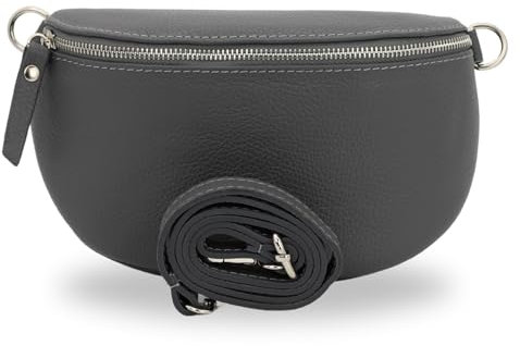 BRISE Bauchtasche Damen Echtleder SAHEL Silber Handgemachte Umhängetasche Crossbody Bag Hüfttasche mit Ledergurt Schultertasche Made in Italy (Dunkelgrau-Silber 1)