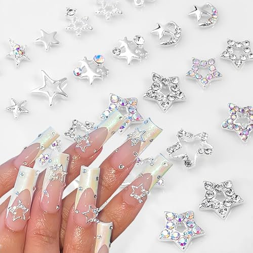 WOOXDYUK 20 Stück Stern Nagel Anhänger, 3D Silbersterne, Nagel Strasssteine, Stern Design, Nagel Edelsteine, Kristall Diamant Legierung, Nagelkunstzubehör (Silber)