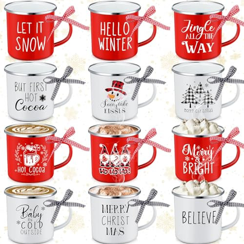 Maxcheck 12 Stück Weihnachten Mini Kaffeetasse mit Schleife Merry Christmas Rot Schwarz Plaid Urlaub Winter Mini Trinkbecher für Winter Weihnachten Einweihungsgeschenk Tischdekoration in 12 Stilen