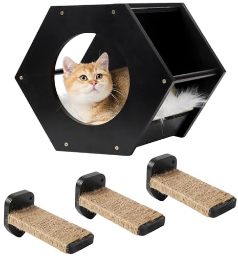 Katzenregale mit 3 Stufen Kratzbaum & Hängematte - Wandmontiertes Kletterregal für Indoor-Katzen (Schwarz)