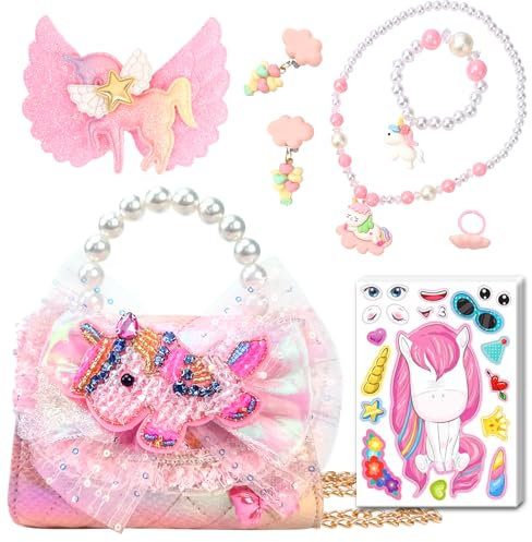 LSSAGOON Einhorn Handtasche Mädchen, Verstellbarem Kleine Umhängetasche, Geldbeutel mit Anzieh-Schmuckset, Kinder Crossbody Bag, Geburtstagsgeschenk Ostergeschenke Weihnachtsgeschenke für Mädchen
