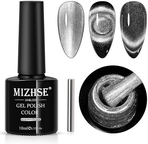 MIZHSE Gel Cat Eye Silber,Nagellack UV Gel,Trendy,Glatt,Langanhaltend Magnetischer UV Nagellack Mit 1 Magnet Für Valentinstag Hochzeit Dating Weihnachtswochenende Party