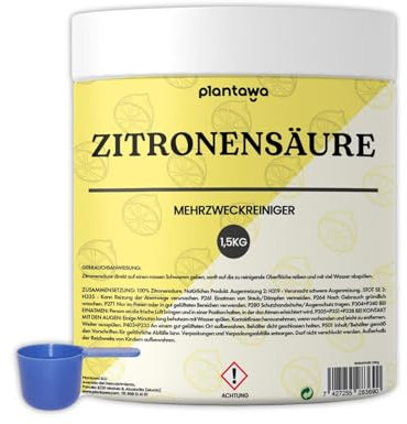 PLANTAWA Acido Citrico 1,5 kg | Acido Citrico polvo versátil y soluble | Ideal para limpieza del hogar | Envase resistente y apilable | Producto puro y sin aromas