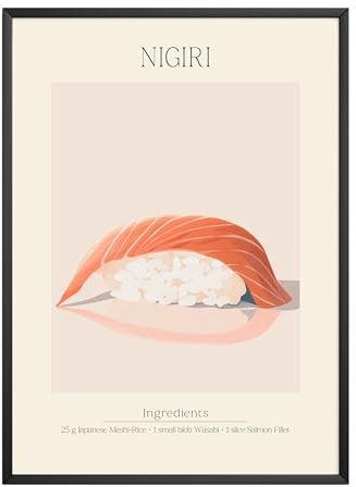 MJ-GRAPHICS - Poster Sushi - Bild mit Speisen Rezept & Zutaten - Wandbild Din A3 in Galerie Qualität mit extra dickem 300g Posterpapier - Retro Poster FineArt Kunstdruck ohne Bilderrahmen