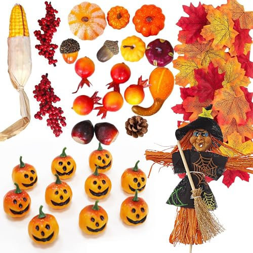 XFLYP 60 Herbst Deko Set, Klein Künstliche Kürbisse Seidenahornblatt Eicheln Tannenzapfen für Herbst Thanksgiving Halloween Dekoration Tischdeko Party-Dekoration DIY Simulationsschaum Kürbis