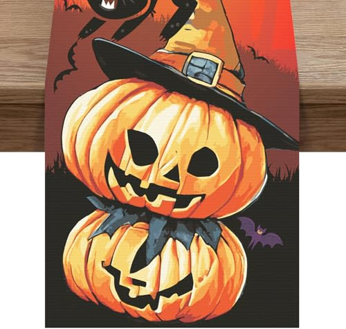 Halloween Tischläufer, Bösem Kürbis Schwarzer Katze Hexe Fledermaus Tischdecke, Schwarz Halloween Tischwäsche Leinen, Halloween Herbst Küche Tisch Dekoration Drinnen Urlaub Party Dekor, 14 x 72