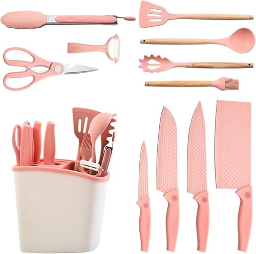 Cooking Utensils Set, 12PCS Kitchen Utensil Set with 5 Pieces Silicone Spatula Set, 4 Piece Sharp Knife Set & Scissors for Kitchen with Block,Heat Resistant Non-Stick Silicone Utensils (Pink)
