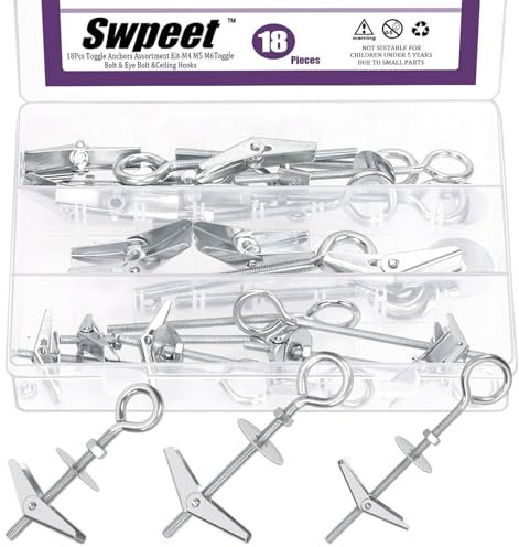 Swpeet Set di 18 bulloni a occhiello M4 M5 M6 e kit di dadi ad alette con dadi esagonali, rondelle, kit di ancoraggi a farfalla resistenti per appendere oggetti pesanti su cartongesso