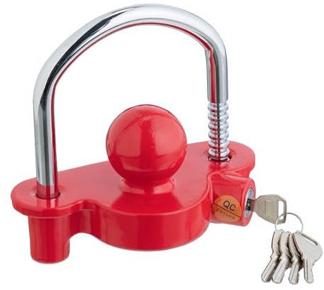 Relaxdays Candado para Enganche Remolque, Incluye 5 Llaves, Cerradura Protección Antirrobo para Caravanas, Rojo/Plateado, Aluminio, 15 x 15.5 x 7.5 cm