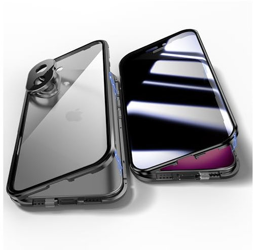 Jonwelsy Anti Peeping Hülle für iPhone 16, 360 Grad Schutz Case, Privatsphäre Gehärtetes Glas Anti-Spähen Cover, Stark Magnetische Adsorption Metallrahmen Handyhülle für iPhone16 (Schwarz)