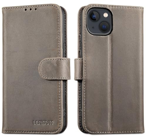 Lensun Cover per iPhone 13, Custodia in Premium Vera Pelle [RFID Blocking] Antiurto Portafoglio Chiusura Magnetico Flip Custodie Cuoio per Apple iPhone 13 - Grigio Marrone