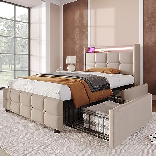 Polsterbett Einzelbett 90x200 cm, LED Jugendbett Stauraumbett Funktionsbett Bettgestell mit 2 Schubladen und Holz Lattenrost, Kopfteil mit USB Ladefunktion und Staufach, Leinen, Ohne Matratze, Beige