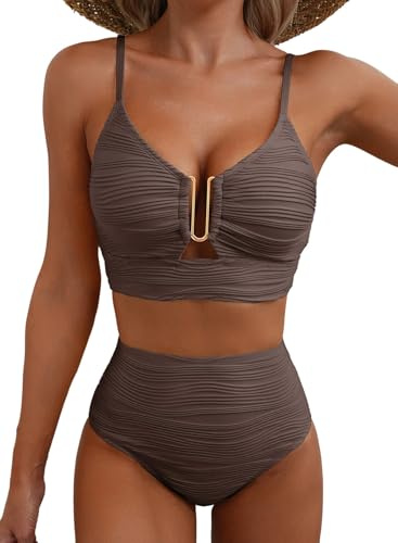 Herseas Women 2 Piece High Rise Push Up Ruched Bikini Sets Deep Brown L