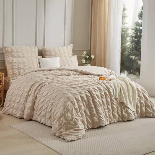 Luowei Seersucker Bettwäsche 220x240cm Kariert Beige Flauschig Bügelfreie Bettwäsche Aesthetic Set Sommer Kühlend Bettbezug 220x240 mit Reißverschluss und 2 Kissenbezug 80x80 cm