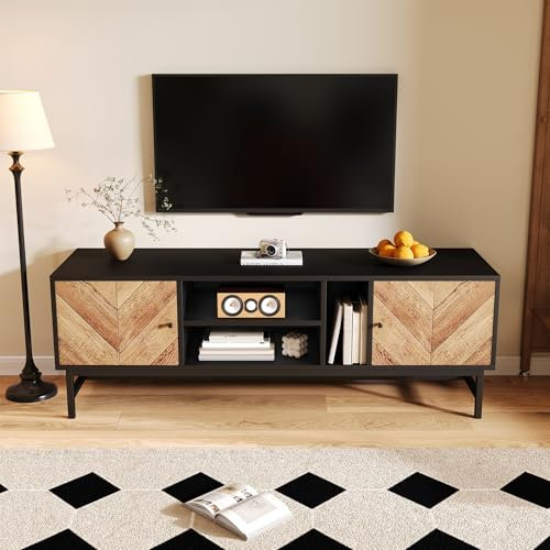 Meuble TV De 150 cm, Conception Contrastée en Bois Noir avec De Multiples Espaces De Rangement Y Compris des Armoires à Compartiments Horizontaux et Verticaux Moderne et Minimaliste (Noir + Bois)