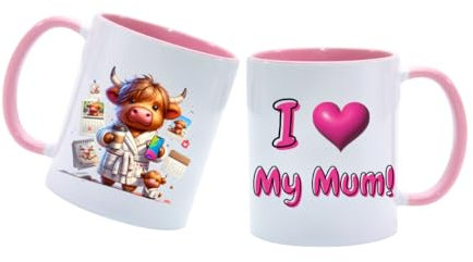 I Love My Mum, with Busy Highland Cow Mum in The Kitchen with her Baby. Pale Pink Inner and Handled Ceramic Coffee Mug 11oz Pretty Novelty Funny Cute Mothers Day Gift Idea Mothering Sunday Mummy