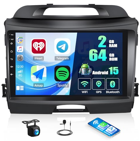 Zomolither 2G+64G Android 15 Car Stereo for Kia Sportage 2010-2015 with Wireless CarPlay Android Auto 9 Touch Screen Bluetooth Car Radio with GPS Sat Nav WiFi FM RDS Audio AHD Reverse Camera