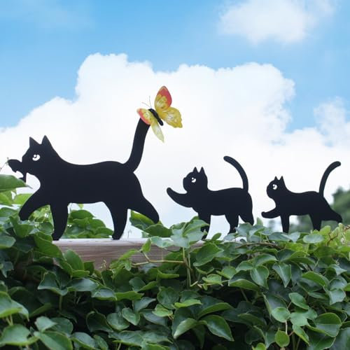 3 Stück Gartenstecker Metall Schwarz Katzen Deko, Gartendeko Frühling Für Draußen, Deko Garten Metall Kätzchenfamilie Figuren, Gartenstecker Frühling Dekoration, Garten Terrasse Rasen Tiere Decor (A)