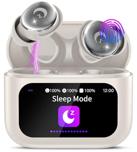 VEKJ Wireless Earbuds with Smart Touch Screen, Mini Sleep Earbuds Bluetooth 5.4 Headphones In Ear with Noise Cancelling Mic, 48H Bass Stereo Ear Buds, 5 EQ Modes/IP7 Waterproof Earphones Beige